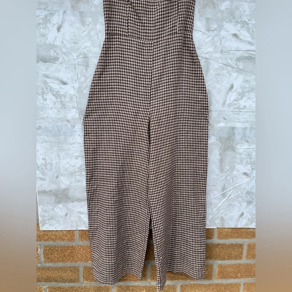 Reformation Overland Linen Jumpsuit In Tartine Check (Brown/Tan Checkered) sz2